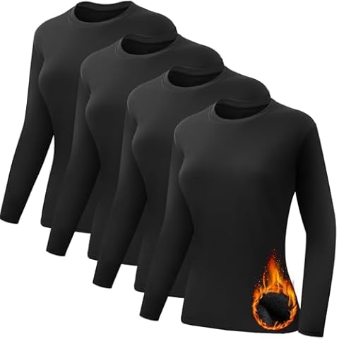 Coume 4 Pack Women's Thermal Shirts Fleece Lined Compression Crew Neck Long Sleeve Base Layer Tops Cold Weather(4 Black,L) Cover