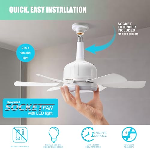 17.9'' Socket Six Blade Ceiling Fan Light with Remote and 1 Socket Extender, E26 Based Easy Install for Indoor -Bedroom, Kitchen,Office and Living Room, 3 Color Stepless Dimming (White) by Hywyimlait - Image 2