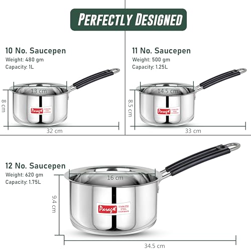 Image of Parage 3 Pieces Stainless Steel Sauce Pan, Tea Pan, Milk Pan Heavy Guage With Heat-Resistant Wire Handle Induction & Gas Stove Friendly (1 LTR, 1.25 LTR, 1.75 LTR, Silver),4 Liter
