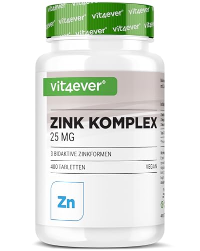 Complexe Zinc 25 mg - 400 Comprimés - Avec 3 Formes de Zinc Biodisponibles (Bisglycinate de Zinc, Gluconate de Zinc, Citrate de Zinc) - Vegan, Hautement...