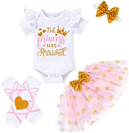 Newborn Baby Girl Skirt Set Infant Letter Print Romper+Tutu Skirt+Headband+Legging Warmer Clothes Outfit (Dot Pink, 0-3 Months)