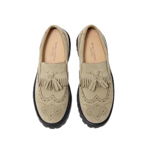 Image of BEAU TODAY Chunky Loafers for Women, Women's Leather Platform Loafers, Lug Sole Tassel Slip On Loafers Shoes Brogues Wingtip Casual Business Shoes Comfortable Dressy