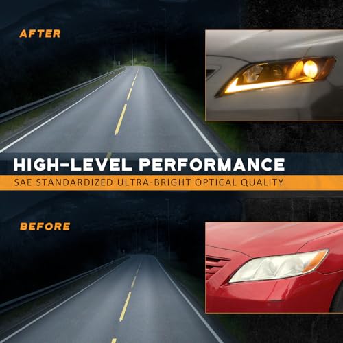 Image of WEELMOTO DRL Headlights Assembly for 2007-2009 Toyota Camry US Version | 2007 2008 2009 Toyota Camry (Exclude Hybird), Black,LED Bar Sequential Turn Signal, Left+Right Side, Plug-and-Play