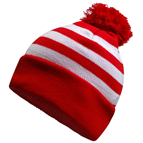 COUVER Unisex Red White Striped Pom Pom Cuff Beanie Hat 12 for Costume or Winter 1PC