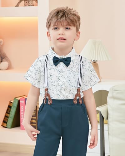 YALLET Boys Short Sleeve Shirts Button Down Print Dress Wedding Outfits Summer Beach Casual Clothes with Bow Tie (Blue Print, 7-8 Years - Thumbnail 2