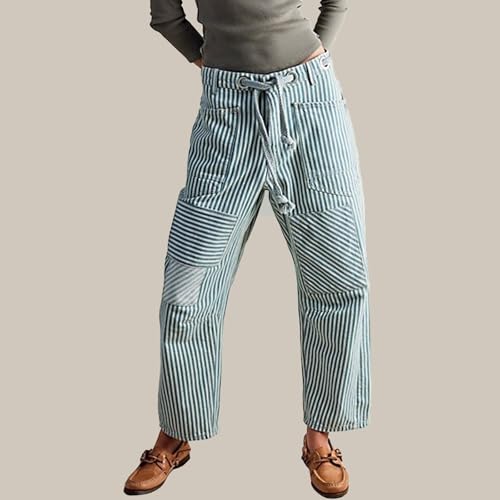 fanmpghleoo Barrel Jeans Women Drawstring Striped Patchwork Pants Tie Waist Wide Leg Jeans Trendy Horseshoe Denim Sweat Pants3