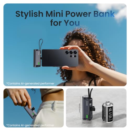 Image of sharge Flow Mini 2 Power Bank with Built-in Cable 22.5W Max Portable Charger for Travel, Fast Charging Battery Pack with iOS and USB-C Connector for iPhone 17 /16 /15 /14, Galaxy, Google, and More