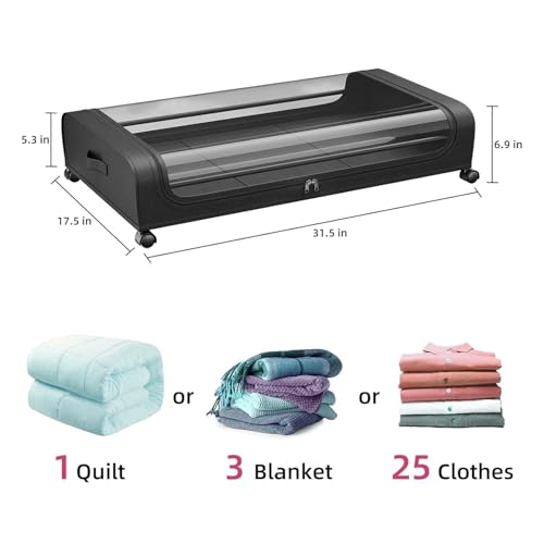 Image of Nayasa Under Bed Storage Box | Storage Organizer | Ideal For Small Space Clothes Storage | Clothes, Shoes, Toys, Books With Clear Cover | Lockable Wheels | Set of 3 | Black