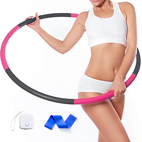 Weighted Exercise Fitness Hoop for Adults - 8 Section Detachable,2lb Fitness Hoop for Exercise - Portable Smooth & Soft Padding Weighted Exercise Hoop with Mini Measuring Tape & Resistance Band (Pink)