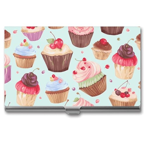 Slim Metal Business Card Holder - Cupcake Pattern Aluminum Alloy Card Case with Buckle Closure, Holds 20 Cards & Cash, Professional Credit Card Size ID Holder for Men Women Gift