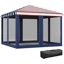 Outsunny 10 x 10 Pop Up Canopy Tent with Netting, Instant Gazebo, Screen House Room with Carry Bag, Height Adjustable, for Outdoor, Garden, Patio, Camping, Blue and Red