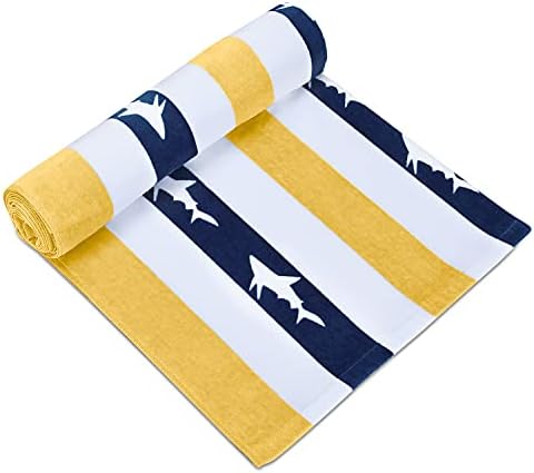 cabanana Large Oversized Beach Towel - Velour Cotton Print 35 x 70 Inch Blue Yellow Striped Sand Free Pool Towel, Big Summer Mens Swim Cabana Towel