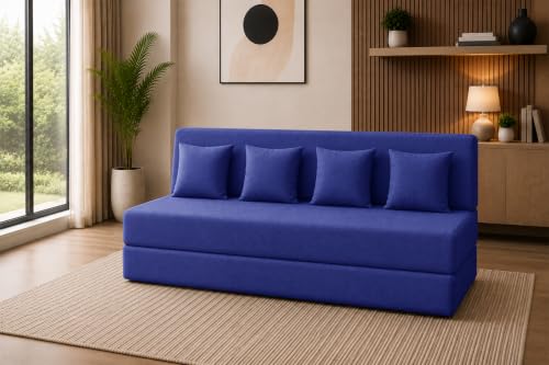 Image of Sofa Cum Bed with Jute Fabric, Convertible Four Seater Sofa Bed 6x6 Ft, Comfortable Cushioned Seating, Space Saving Design for Living Room, Bedroom & Guest Room - Blue Color