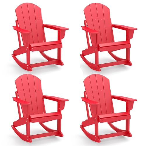 GREENVINES Adirondack Rocking Chairs Set of 4 | HDPE Plastic | Porch Rocker | Chair for Outdoor Patio Deck | All Weather | Red Red 4PCS