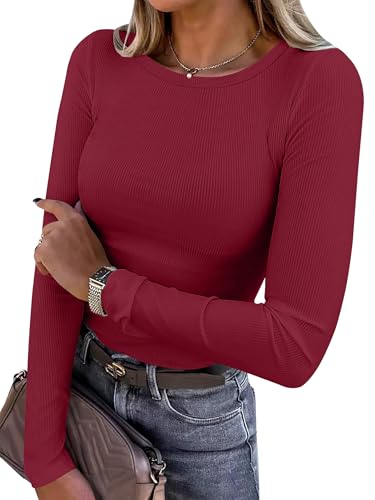 ANRABESS Women Long Sleeve Shirts Rib Knit Slim Fit Tops