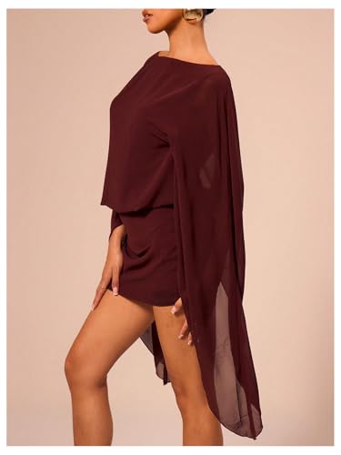 MakeMeChic Women's Boat Neck Cape Sleeve Mini Dress Ruched Bodycon Elegant Short Dresses3