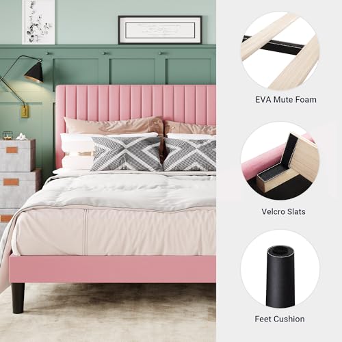 Image of Allewie King Bed Frame, Velvet Upholstered Platform Bed with Adjustable Vertical Channel Tufted Headboard, Mattress Foundation with Strong Wooden Slats, Box Spring Optional, Easy Assembly, Pink