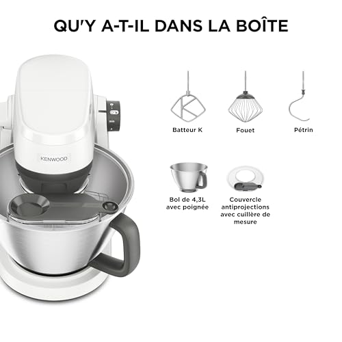 Kenwood Multi Tasker (KHC30.000WH) Robot de cuisine, moteur 1000 W, 44 % silencieux*, bol mélangeur de 4,3 l avec poignée, capacité de pâte 1,7 kg, 7 vitesses, élévateur à bras mélangeur, compartiment