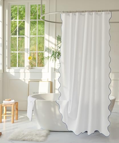 youngseahome White Fabric with Water Blue Scalloped Border Shower Curtain Boho Chic Cloth Shower Curtain for Bathroom Showers 72 x 72 Inches