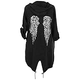 Cima Mode Womens Sequin Angel Wings Back Baggy Oversized Hoodie Cardigan Jacket Sweatshirt Top Black