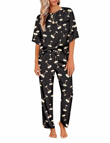 Image of Ekouaer Womens Satin Silky Pajama Set Short Sleeve Shirt with Long Pajama Pant Set Soft PJ Loungewear