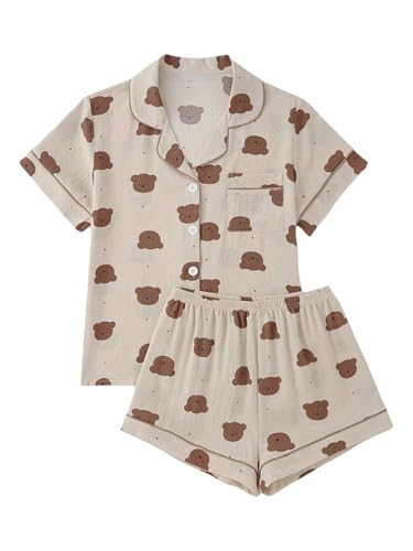 Image of BEAUDRM Women's Two Piece Pajama Sets Allover Print Short Sleeve Sleepwear Button Down Shirt and Bow Shorts Pj Set Loungewear