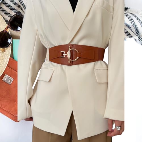 Women Wide Elastic Waist Belt for Dresses Fashion Gold Buckle Vintage Stretchy Ladies Faux Leather Belts Solid Color4