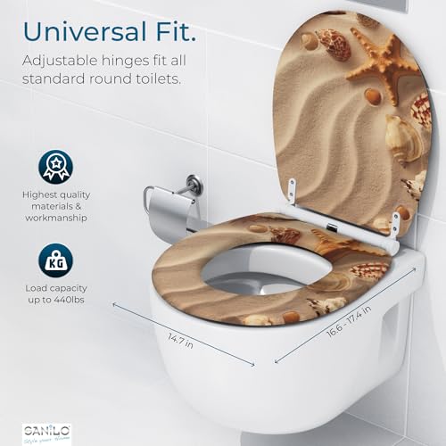 Image of Sanilo Wooden Toilet Seat with Quick Release & Soft Close [ROUND] - Decorative & Slow Close Molded Wood Seat - With One Click for Easy Installation & Cleaning - With Adjustable Fit (Sanibel)