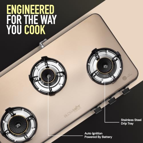 Image of BLOWHOT Crystal 3B Gas Stove | Stainless Steel Top | Push Button Auto Ignition Gas Stove Powered by Battery | Warranty - 2 Year on Product | 5 Years on Burner and Gas Valves