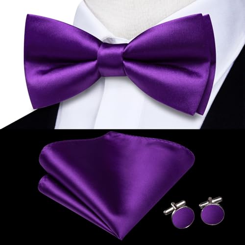 Image of Hi-Tie 5Pcs Mens Solid Color Silk Tie Satin Pretied Bowtie Lapel Pin for Men Handkerchief Cufflink Wedding Gift Box