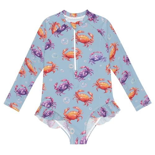 ALAZA Crab Bubble Blue Girls One Piece Swimsuit Long Sleeve Rash Guard Swimsuits UV 50+ Swimwear Zipper
