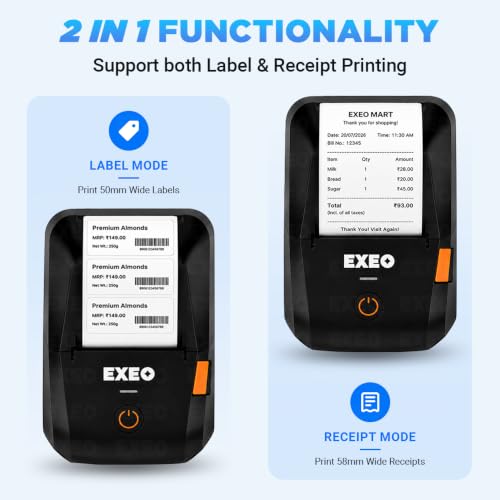 Image of EXEO EX58C Portable Bluetooth Thermal Label & Receipt Printer | 2 Inch (58mm) | Inkless | 203 DPI | Android, iOS & Windows | 2000mAh Rechargeable Battery | Barcode, Price & Product Labels
