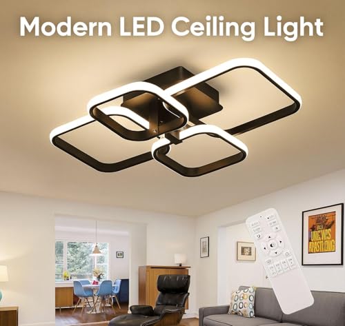 Image of 36W Dimmable Modern LED Ceiling Chandelier Light with Remote Control | 3 Colour Temperature (3000K /6500K) Flush Mount Fancy Square Ring Ceiling Lamp for Living Room Bedroom Hall Office Lighting