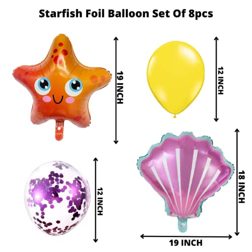 Image of Party Decorz Starfish Foil Balloon Set Of 8(1pcs Starfish Foil Balloon+1pcs Sea Shell Foil Balloon +3pcs Latex Balloon+3pcs Transparent Balloon) For Kids Ocean Animal, Mermaid Theme Party Decoration
