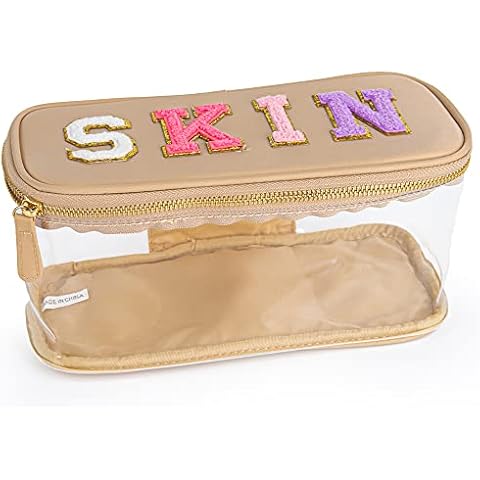 MEEJUNE Portable Chenille Letter Clear Preppy Makeup Zipper Bag Waterproof Foldable Organizer Travel Storage Purse For Vacation Travel, Bathroom Cover