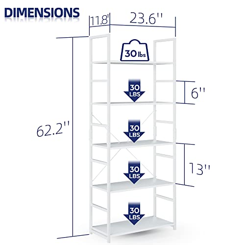 Numenn 5 Tier Bookshelf, Tall Bookcase Shelf Storage Organizer, Modern Book Shelf For Bedroom, Living Room And Home Office, White #TOP2