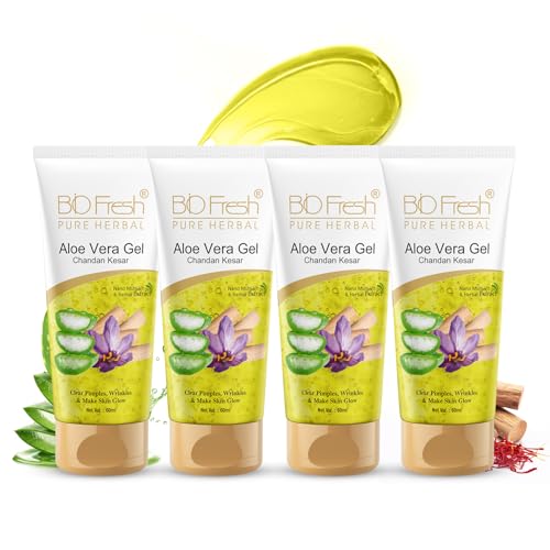 Image of BIOFRESH HERBALS Aloe Vera Gel - 60ml with Chandan Kesar Face Gel Multipurpose Gel for Skin and Hair with Nano Multi-Vit Extract Non-Sticky Anti-Acne Skin Care (Pack of 4)