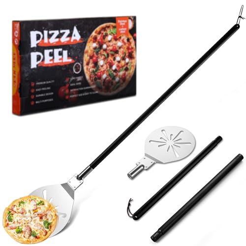 Homikit Pelle à pizza 22,8 x 25 x 85 cm en acier inoxydable perforée ronde avec poignée amovible pour glisser facilement sur la pierre à pizza, spatule à pizza pour four, barbecue, four en pierre