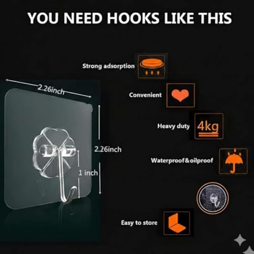 Image of KONVIO NEER Self Adhesive Wall Hanging Hooks (10 Pcs) | Heavy Duty Hanging Sticky Hooks for Kitchen, Bathroom, Decoration |Nail Free, Transparent Wall Hooks