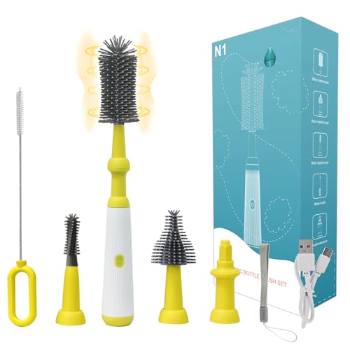 Image of Electric Bottle Brush Set with Electric Bottle Brush Cleaner, 3 Replaceable Baby Bottle Brushes and Extension Handle. Silicone Bottle Brush, Waterproof, Perfect Baby Essentials(Lemon Yellow）