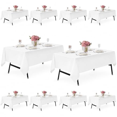 Image of 10-Pack 60x144 inch White Table Cloths, Solid Stain and Wrinkle Resistant Oblong Tablecloth, Premium Plain Weave Polyester Fabric Rectangle Table Linen Covers for Hotel, Banquet