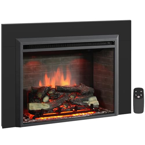 Image of PuraFlame Western 30 inch Electric Fireplace Insert with Trim Kit, Fire Crackling Sound, Resin Log, Remote Control, 750 /1500W Heater, Black
