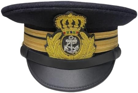 Vintage Naval Captain Hat, Black with Gold Crown Emblem and Anchor Badge, Military Style Peaked Cap