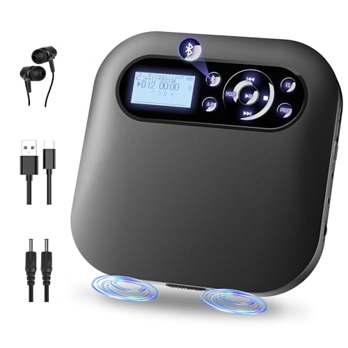 Desobry Portable CD Player with Bluetooth and Speakers, Discman CD Player Rechargeable with FM, Anti-Skip, LCD Screen, Dual Headphone Jack, Personal CD Player for Home Car Kids Gift