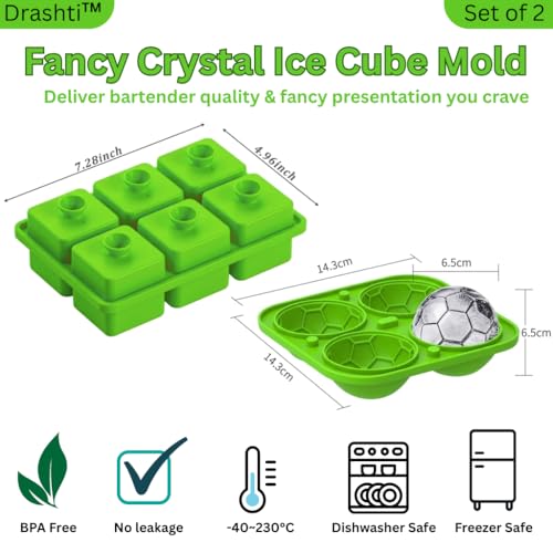 Image of Premium Combo of Large 3D Crystal Square Ice Cube Tray & Football Shaped Silicone Molds for Chilling Drinks, Chocolates, Juice, Jelly and Many More. Pack of 2 (Light Green)