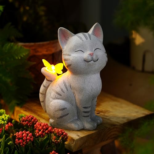 Statue solaire de chat avec papillon LED 19,6cm en résine