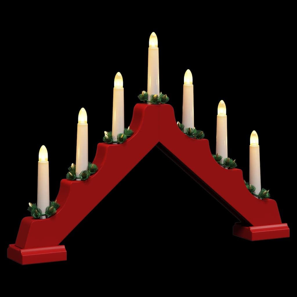 Świąteczny most na świece z 7 diodami LED, 3 sztuki, czerwone, drewno sosnowe 39,5 x 5 x 29 cm, zasilany bateriami, ciepłe białe światło, na okno, stół, dekoracja adwentowa i do wnętrz