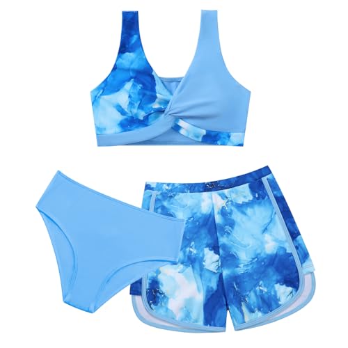 Image of Weixinbuy Girl's 3 Piece Swimsuit Teen Swimwear Tropical Print Twist Cross Bikini Bathing Suit with Cover Up Shorts Size 9-16