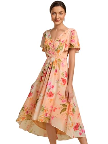 Ever-Pretty Sommerkleid für Damen, A-Linie High Low V-Ausschnitt Kurzarm für Hochzeit Mutter EG01923-P, Pfirsich-Druck, 44