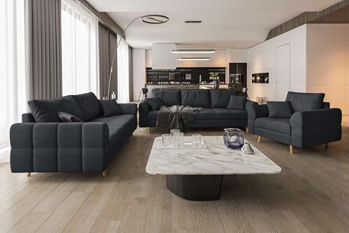 99rooms Bello Polstergarnitur mit 3-Sitzer, 2-Sitzer & Sessel, Bequeme Sofagarnitur, Polstermöbel mit Stoffbezug - Velours Element Graphit